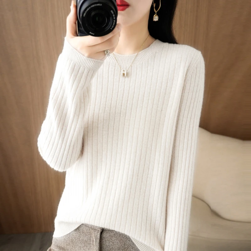 2026 Damen-Pullover Herbst Winter Langarm-Pullovers mit O-Ausschnitt, gestreift, warm, koreanische Mode, als Unterhemd tragbar, lockerer Jumper – Detail 5