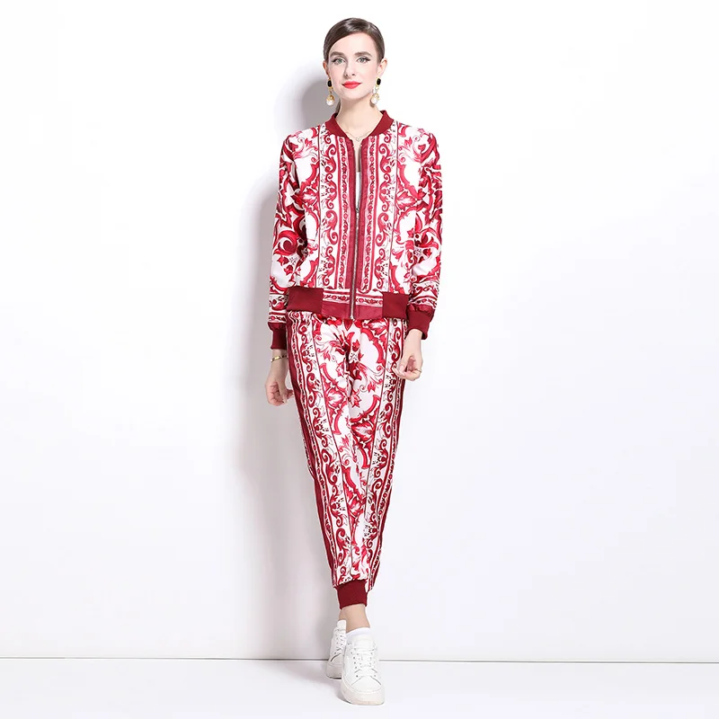 Autumn Runway Red Blue and White Porcelain Print Two Piece Set Women\'s Long Sleeve Zipper Jacket Tops＋Elastic Waist Pant Suits