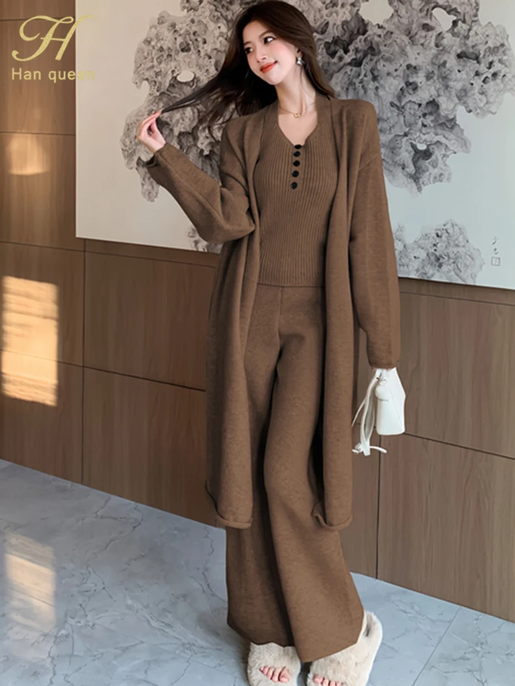 H Han Queen Fashion Pants Sets Women's Autumn Elegant Long Cardigan + Sling + Pants Korean Elastic Knit Casual New 3 Piece Set