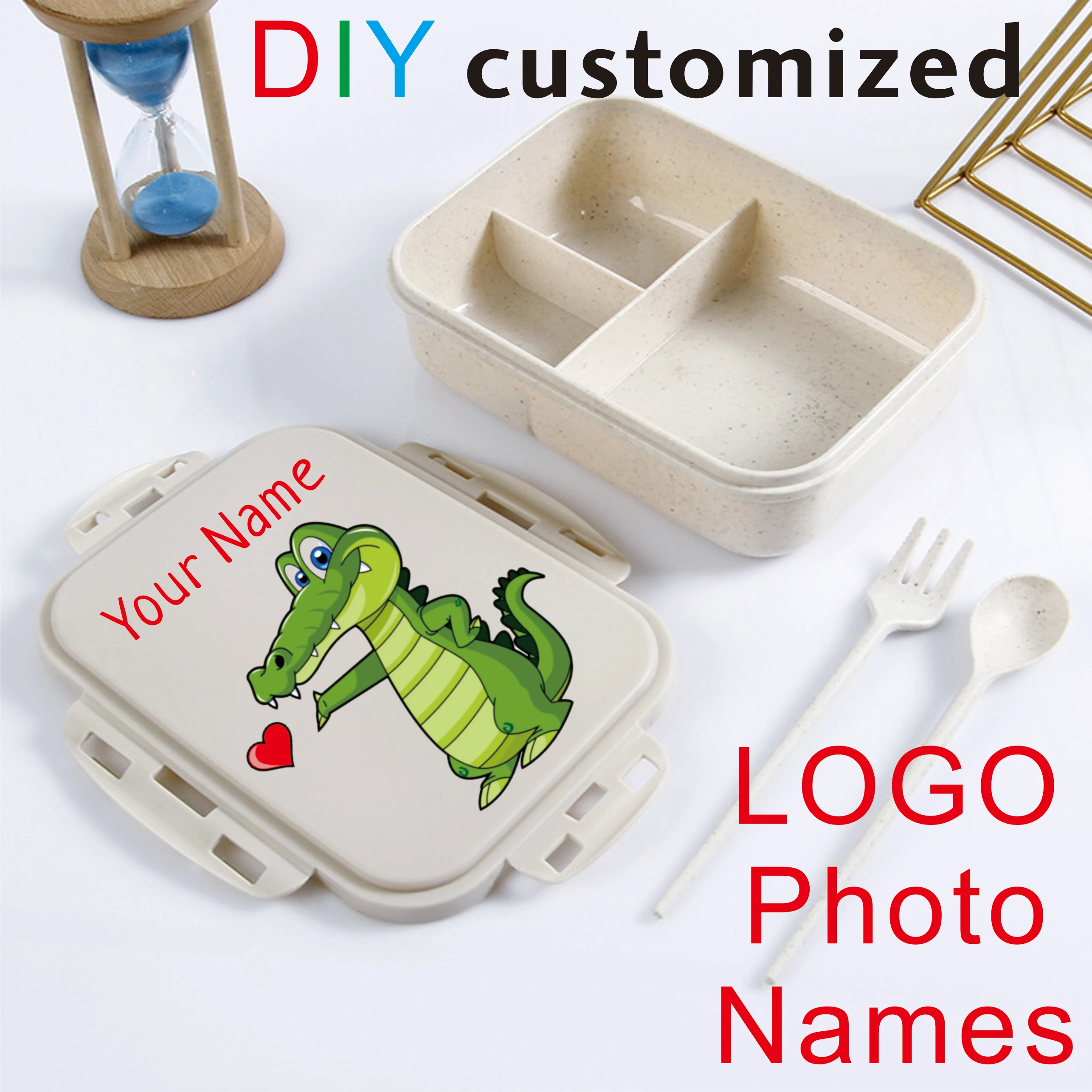 

DIY Customized Snack Box for Kids School Lunch Food Fruit Container Name LOGO Cartoon Picture Photo with Spoon Fork Eco Material