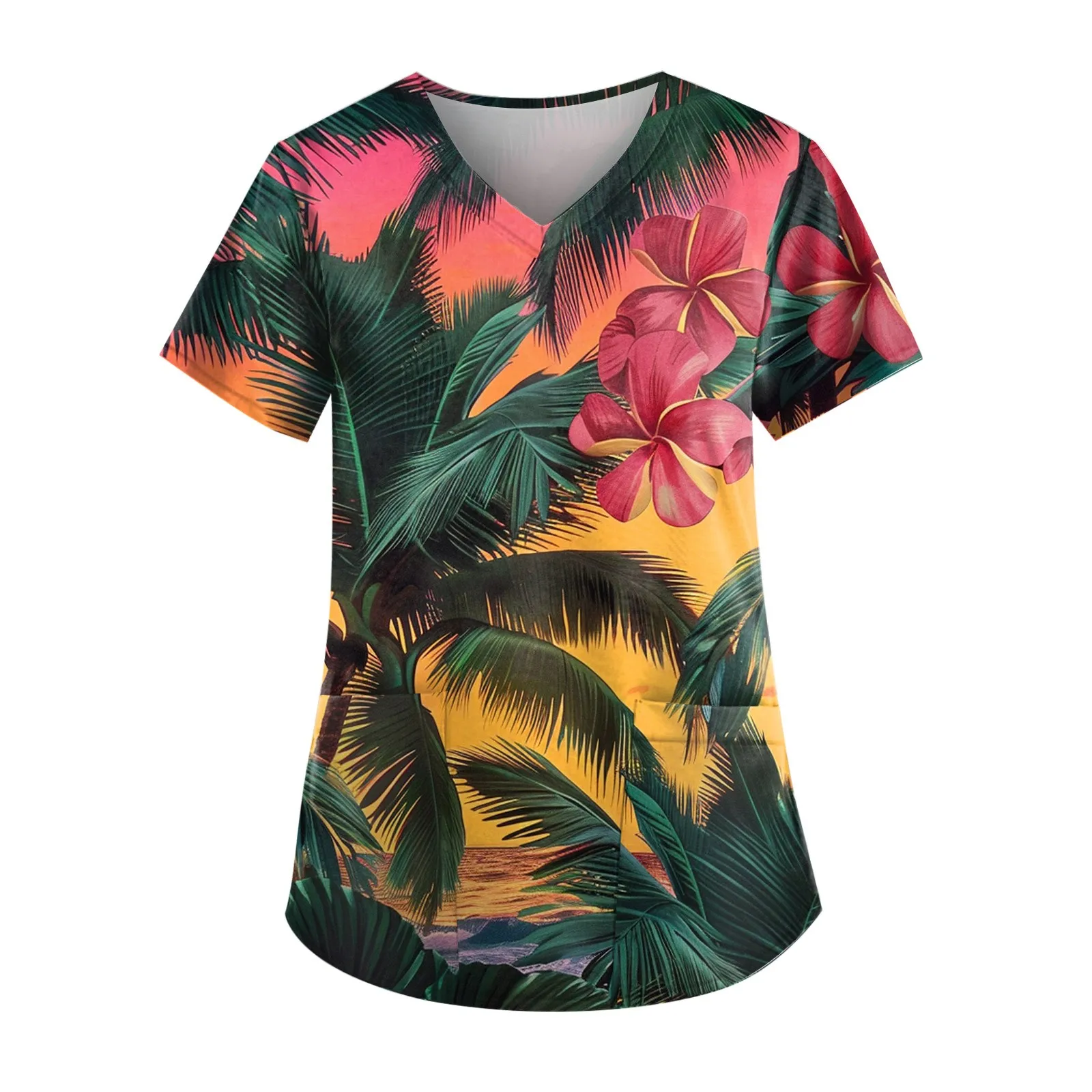 

Women'S Hawaiian Print Tops Fashion Casual Pattern Nursing Top 2024 New Short Sleeve V-Neck Nursing Uniform Tops With Pockets