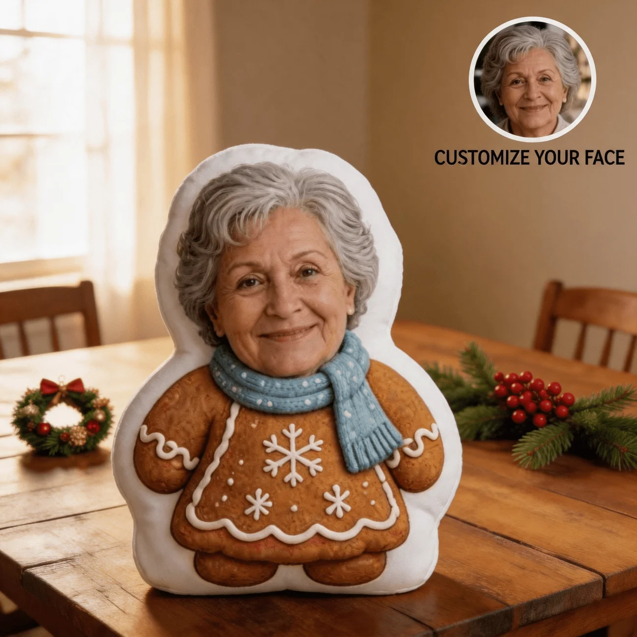 Custom Personalized Photo Face Pillow, Gingerbread Woman Holiday Character Custom Shaped Decorative Cushion, 60cm Large Size Hom