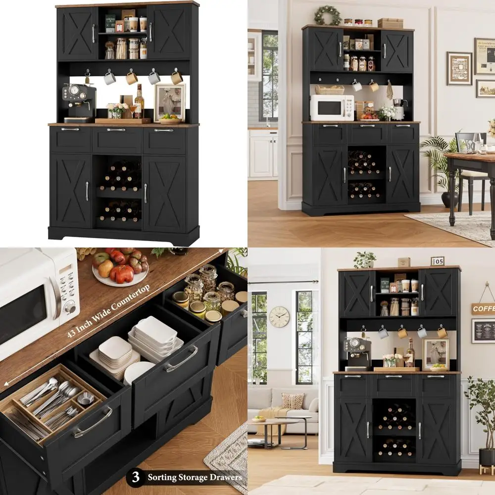 Farmhouse Style Large Kitchen Pantry Cabinet with 3 Drawers, Barn Door & Shelves