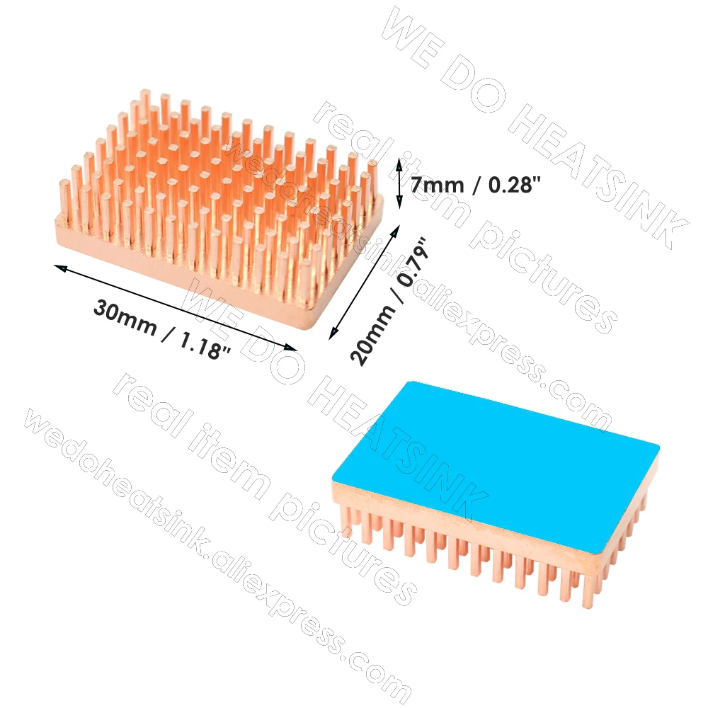 All Pure Copper Pin Fins Heatsink Cooler 20x20x7mm 25x25x7mm 30x20x7mm With Thermal Tape