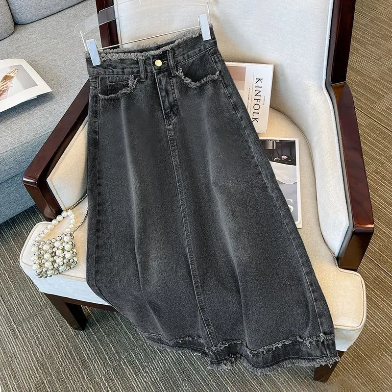 

Women's Denim Midi Skirt, High-Waisted A-Line Skirt with Frayed Hem & Pockets, Casual Vintage-Inspired Jean Skirt