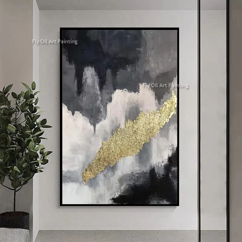Special Design Black And White Home Wall Decor Hand Painted Grey Brown Yellow Simplism Oil Painting On Canvas Abstract Artwork
