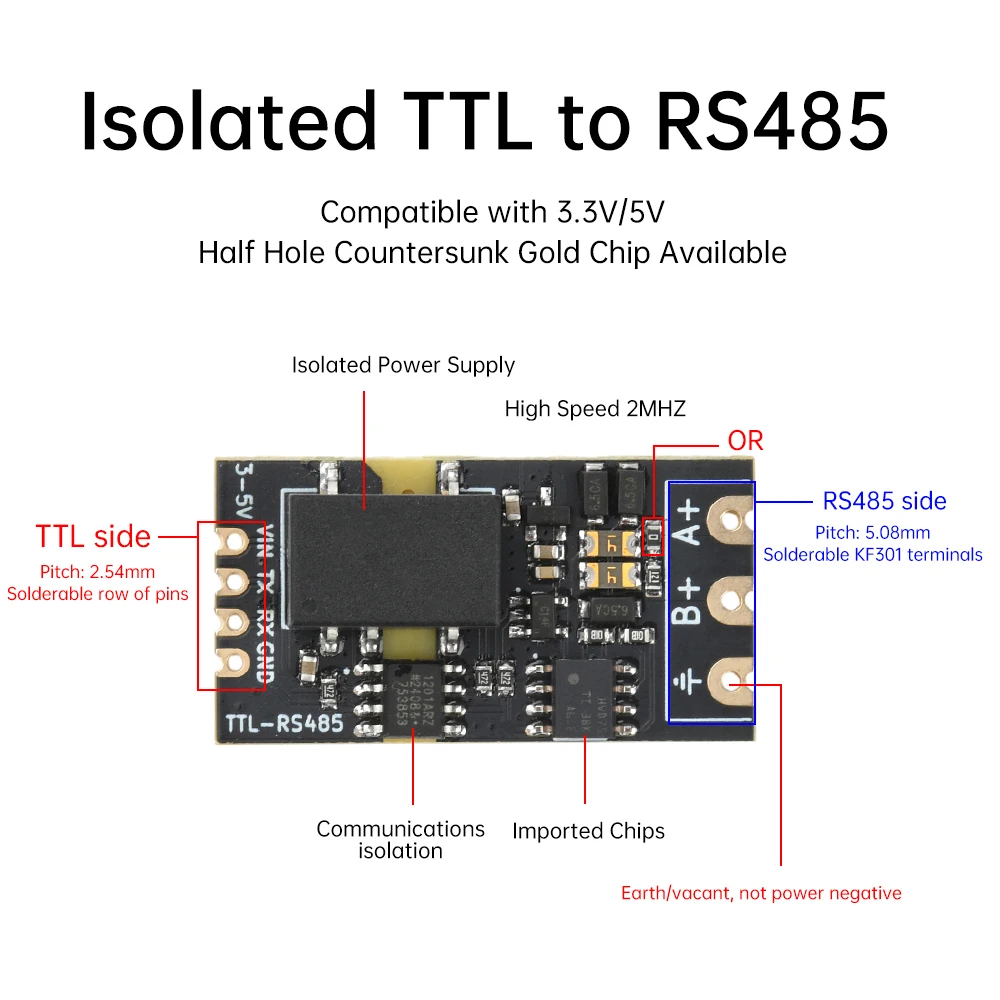 DC 3.3V/5V Isolated TTL to RS485 Level Module Serial Port Auto-Reversing High-Speed 2Mbps Module