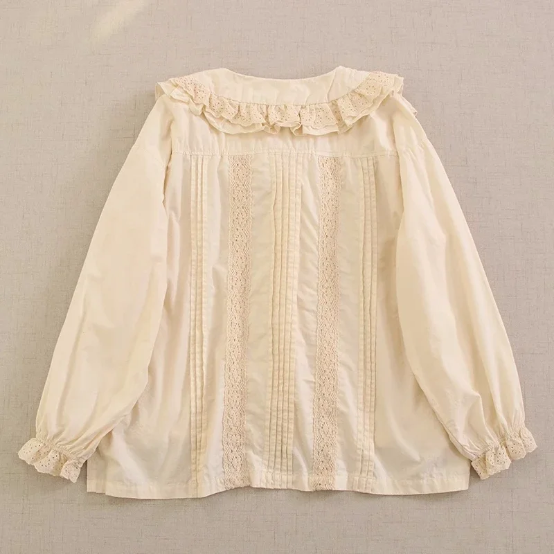 Female Vintage Cotton Ruffled Pleated Puff Sleeve White Shirt 2024 Women Sweet Retro Chic Patchwork Lace Victorian Rococo Blouse