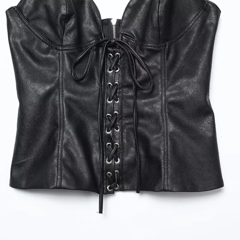 Sweet Hot Girl Black PU Leather Strappy Halter Vest Women's Early Autumn Pure Desire Strap Beautiful Back Sleeveless Tunic Top