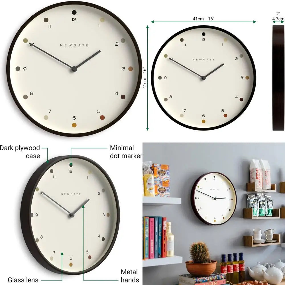 Grande orologio da parete in compensato in stile scandinavo |   Struttura in legno scuro da 40 cm con quadrante a pois di design |   Moderno e minimalista