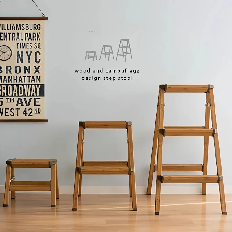 

Foldable small multi-step aluminum pedal for car wash Lightweight folding step wood grain stool herringbone ladder flower stand