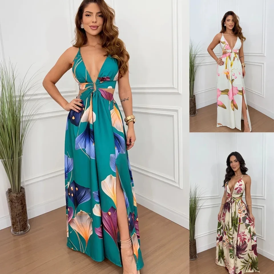 

2026 Spring Summer New Print Tie Waist Dress Vacation Slit Party Womens Wear Figure Flattering Multi Color Optional