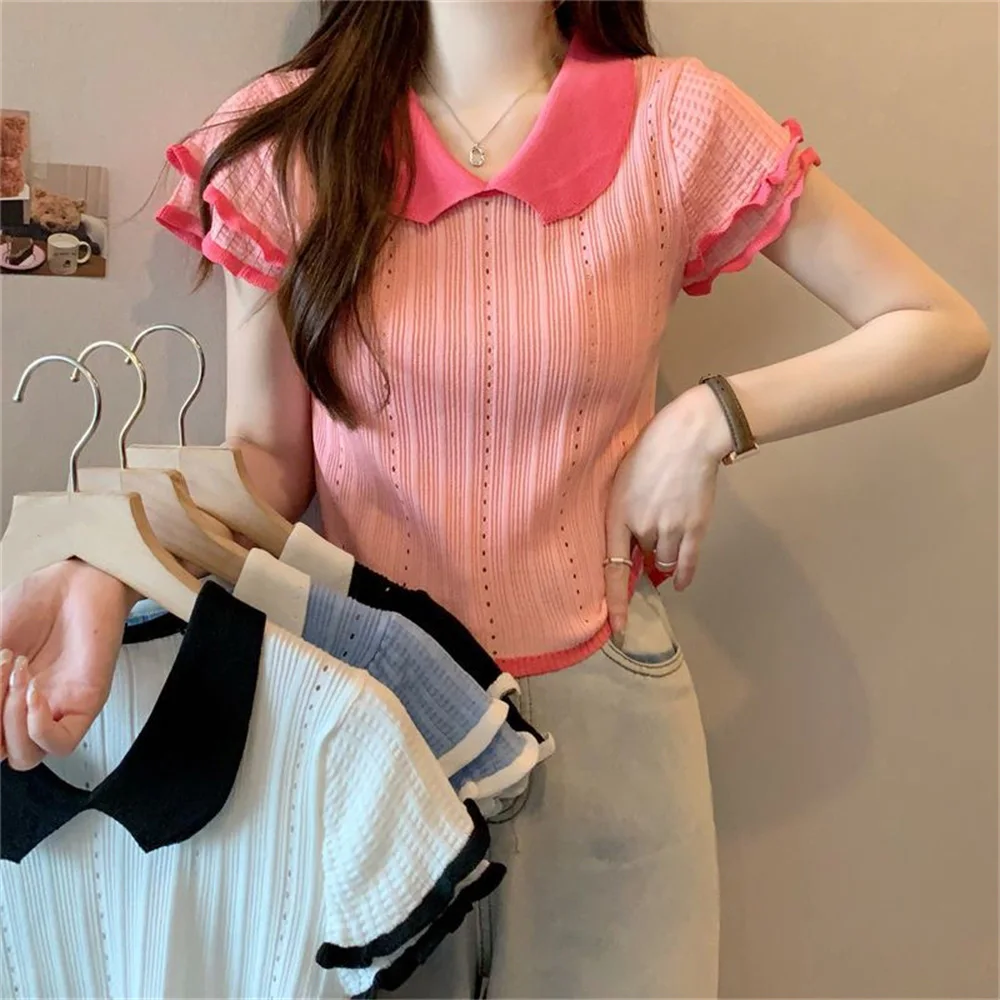 

Pink Sweet Patchwork Sweater Peter Pan Collar Short Sleeve Knitted Sweater For Women's Summer New Casual Pullover Tops Tshirts