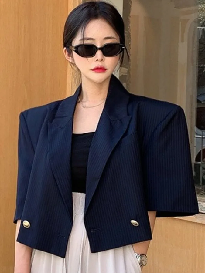 Short Striped Suit Jacket Korean Style Women's Fashion Spring Autumn Winter Outerwear Casual Streetwear Office Wear