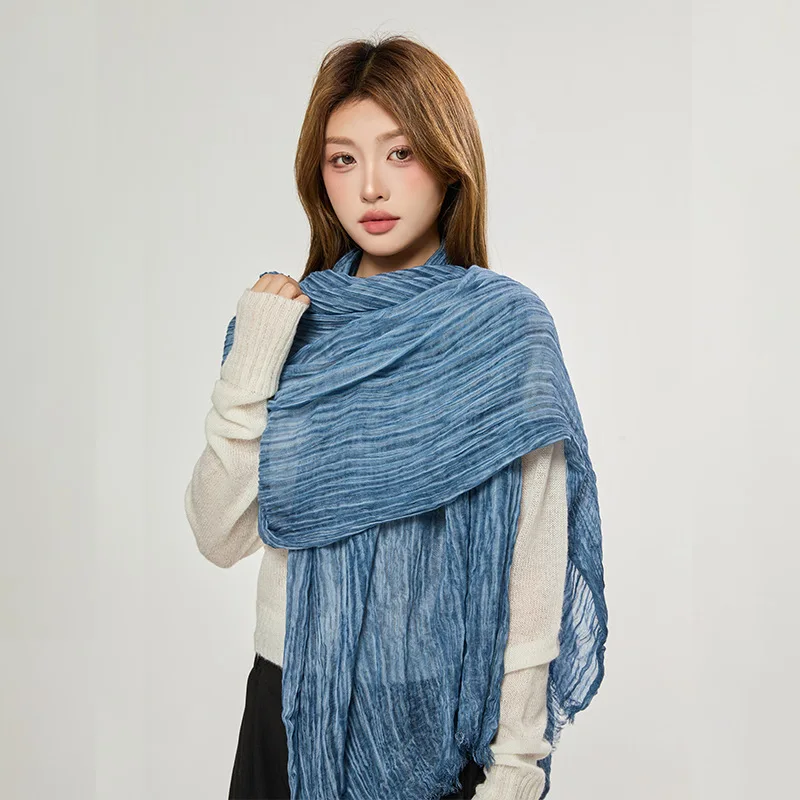 New Gradient Pleated Cotton Linen Shawl for Women, Vintage Art Thin Scarf Neck Warmer for Spring Autumn