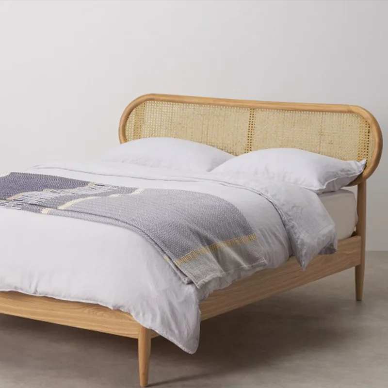 Simple design bedroom 1.8 double bed, rattan 1.5 meters solid wood bed hotel bed