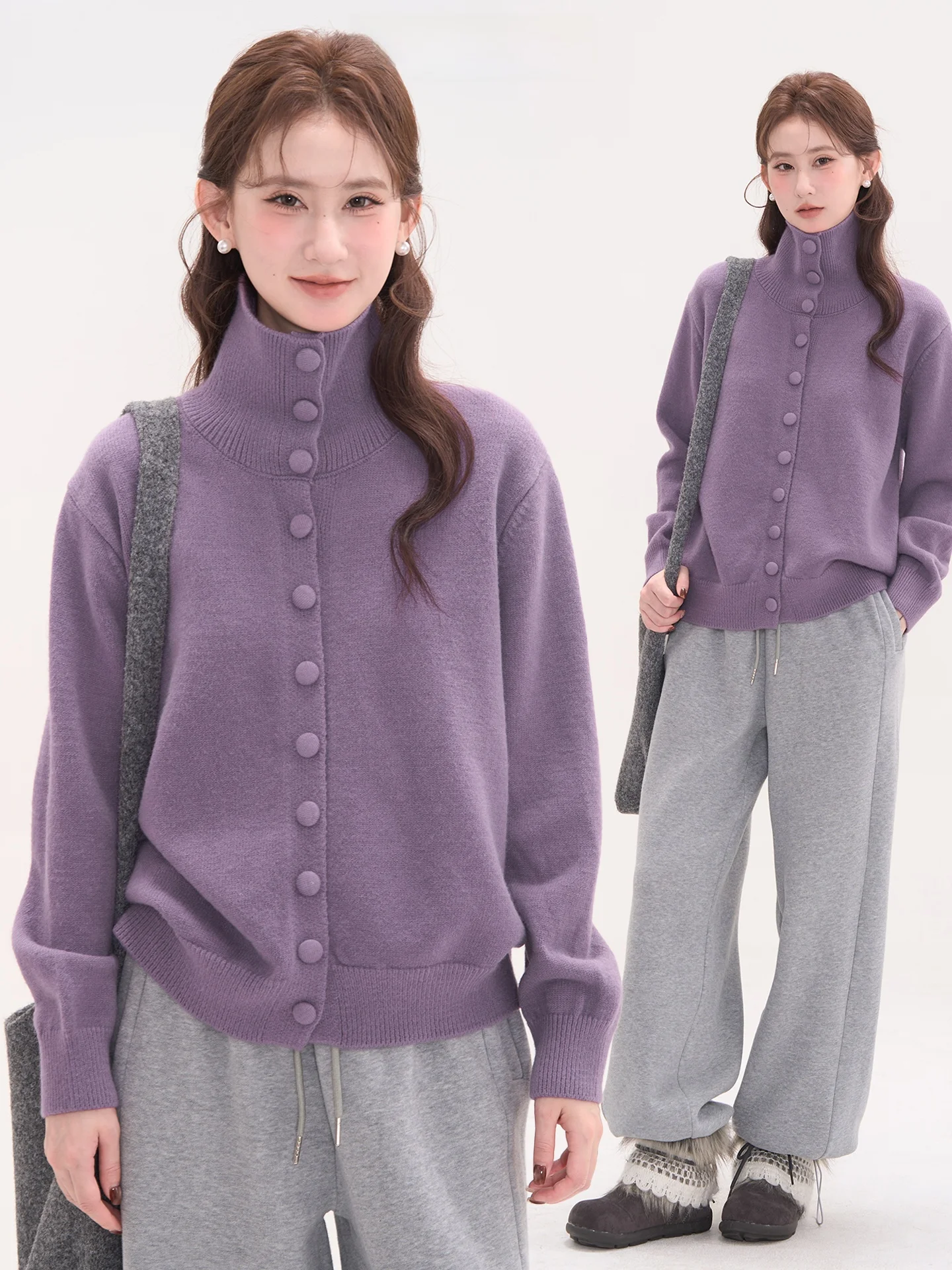 

Вязаный свитер с высоким воротником для женщин, модный осенне-зимний дизайн с цветными пуговицами, удобный свободный крой, топ с длинными рукавами