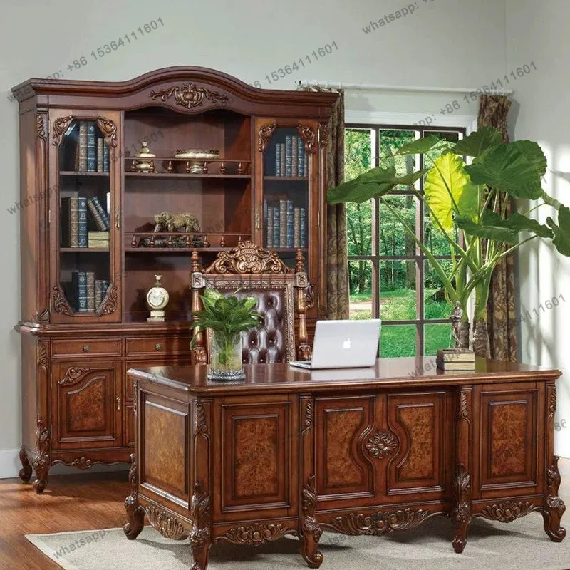 American solid wood boss desk bookcase combination European retro carved writing desk study