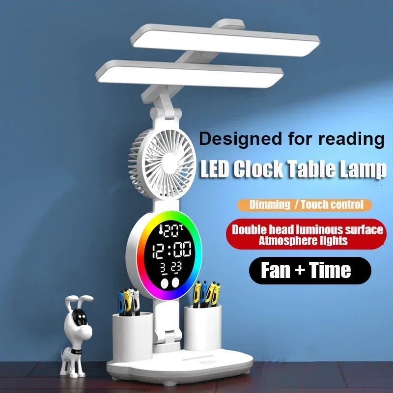 

LED Clock Table Lamp USB Chargeable Dimmable Desk Lamp 2 Heads 180 Rotate Foldable Eye Protection Reading NightLight 3200mah