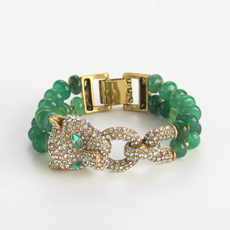 Vintage Rhinestones Leopard Head Bangle Bracelet Natural Stones Raw Green Bead Silver Color Accessories Luxury Designers Jewelry