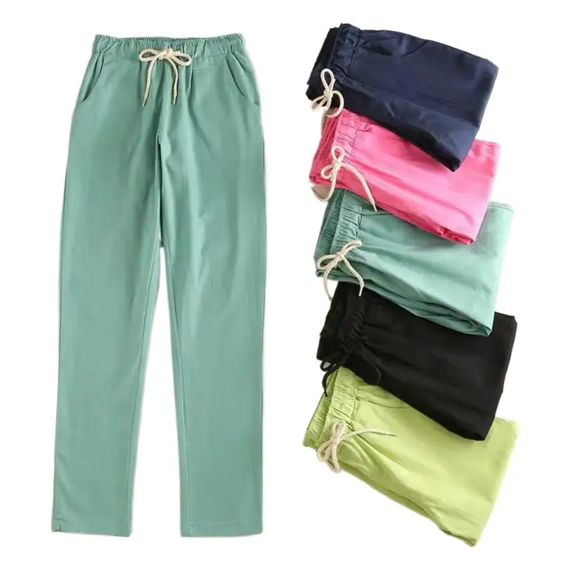 

Women 2024 Summer Female Pencil Trousers Casual Loose Autumn Cotton Linen Long Pants Candy Color 여성여름바지