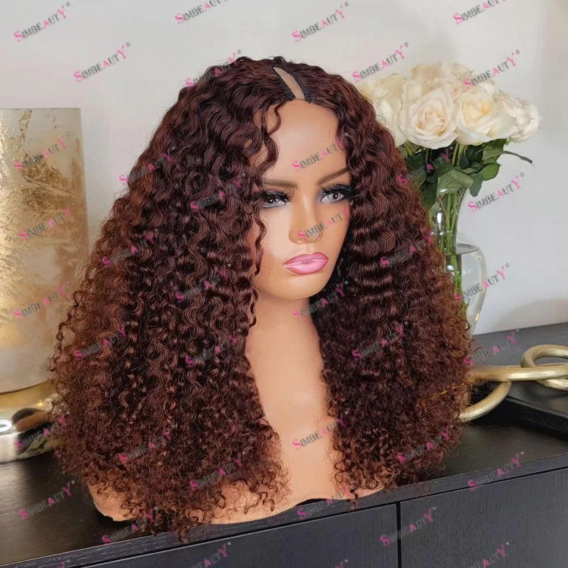 Dark Cooper Brown Kinky Curly Adjustable Opening 1x4 Size U Part Human Hair Wigs for Black Women Glueless Remy V Part Wigs