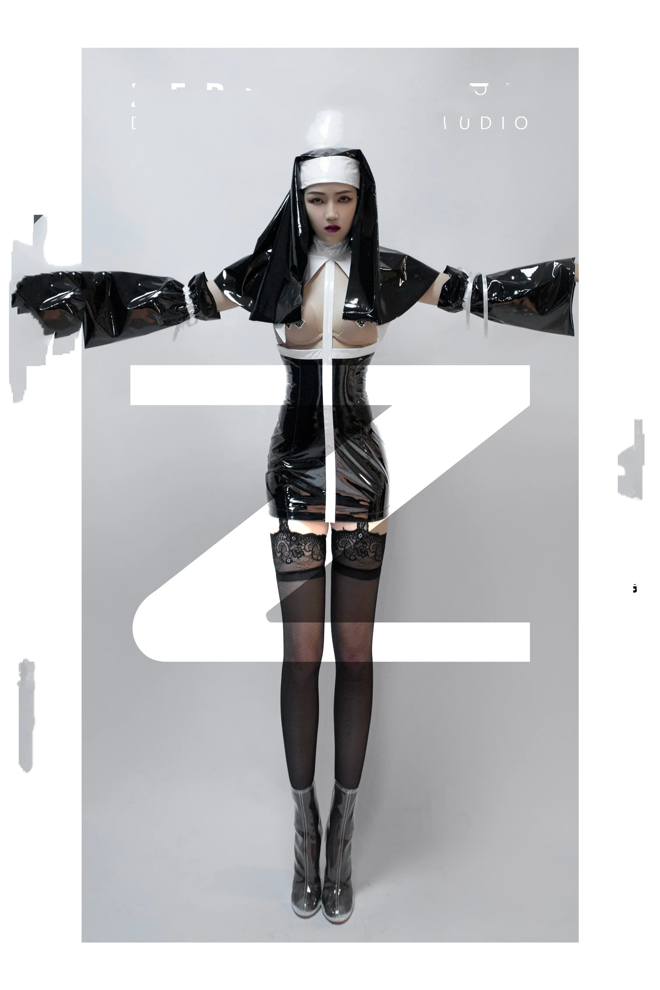 

New Halloween nun patent leather hip sexy bar gogo nightclub performance dress