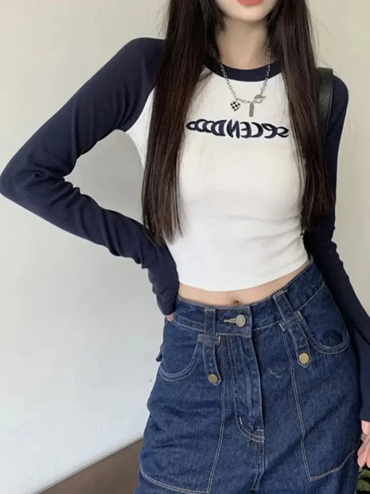 Letter Print Knitted Sweater Women Spring Long Sleeve Patchwork Tops Fashion Retro Crop Top Hot Girl Kpop Skinny Y2K Pullover