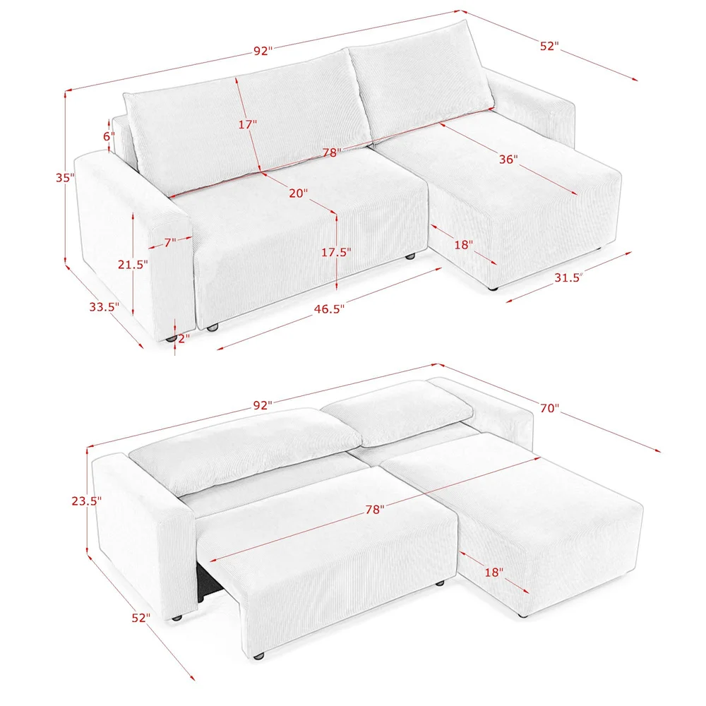 Customized L-shaped corduroy upholstered 3-seat telescopic bed sofa bed with sofa storage box, suitable for home office small