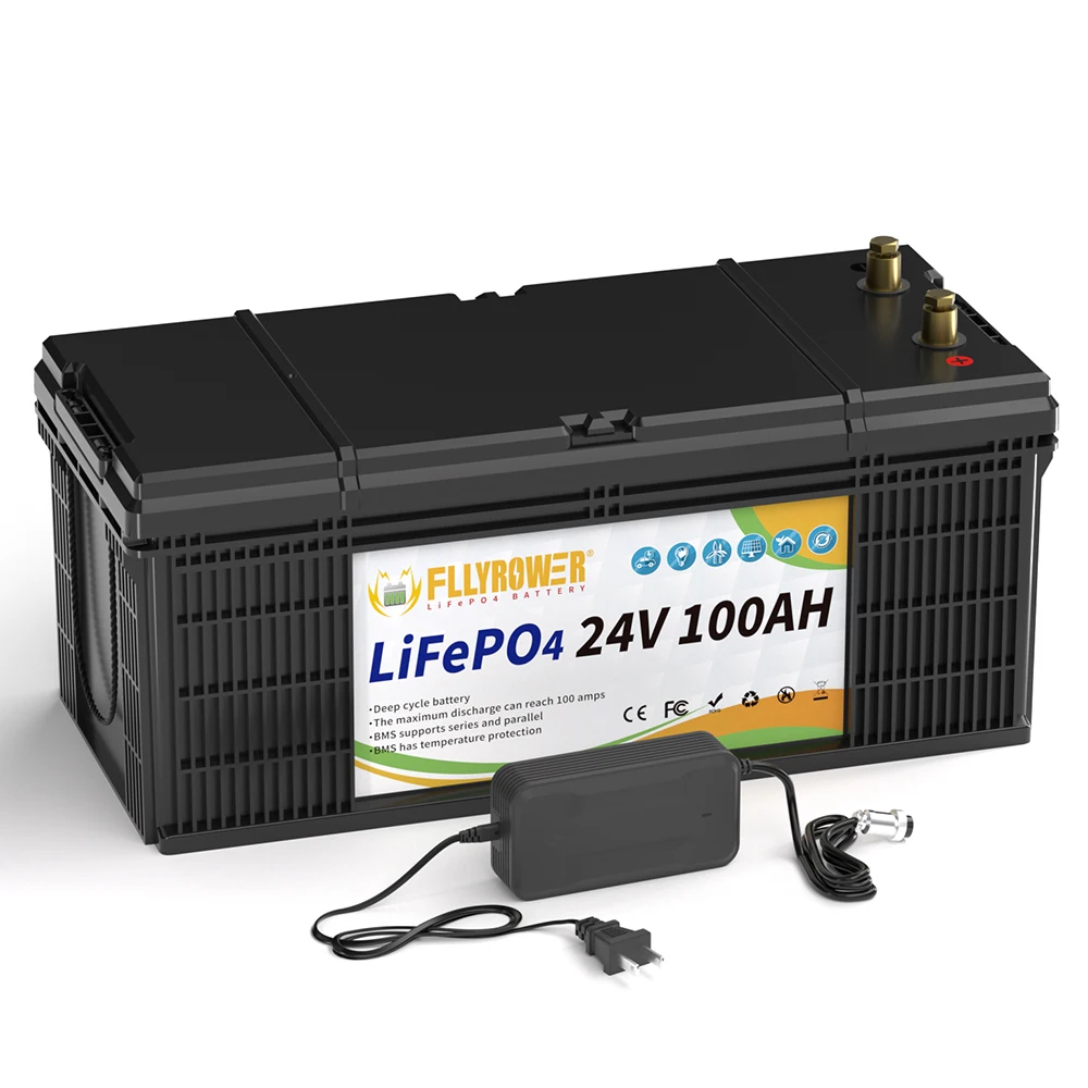 بطارية Fllyrower 24 فولت 100 أمبير Lifepo4 بطارية 25.6 فولت 60 أمبير في الساعة بطارية ليثيوم أيون بطارية ليثيوم تعمل بالطاقة الشمسية بقدرة 2560 وات في الساعة في CA/US/DE/JP