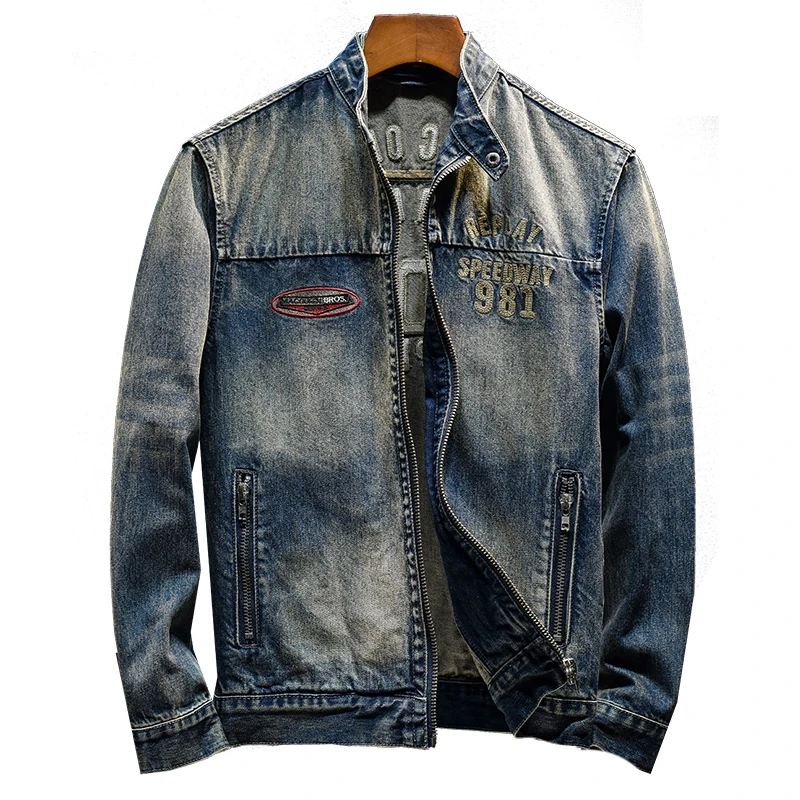 High-end fashion letters embroidered stand collar denim coat for men 2024fall men's clothing slim-fit retro fashion denim jacket