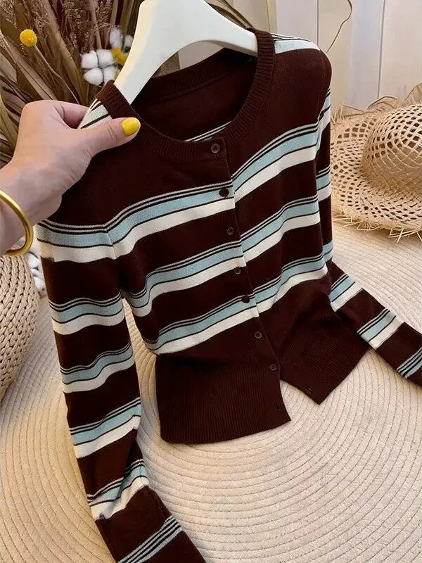Unique Short Striped Knitted Open Cardigan Korean Style Waist-Cinching Top for Women Casual Fashion Regular Fit Long Sleeve