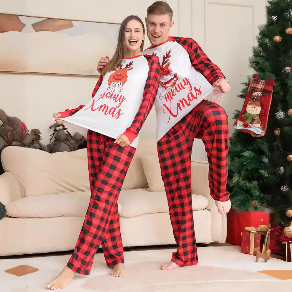 New family Christmas set cross border Fawn letters printed red plaid home wear pajamas