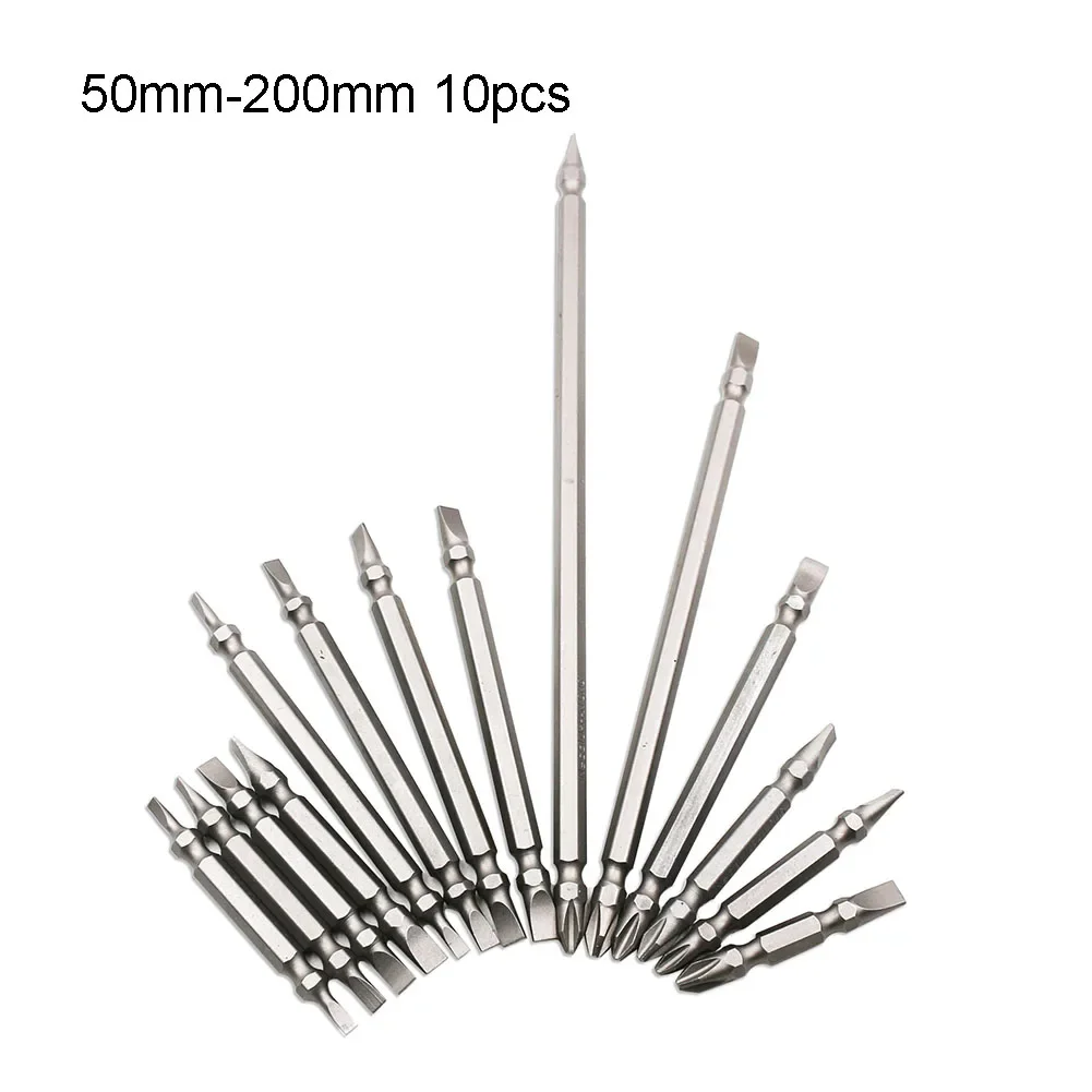 10pcs Magnetic Screwdriver Bits Double-Head Alloy Steel Drill Bit PH2 Cross 6mm Slot 150-200mm For Electric Driver Power Tools