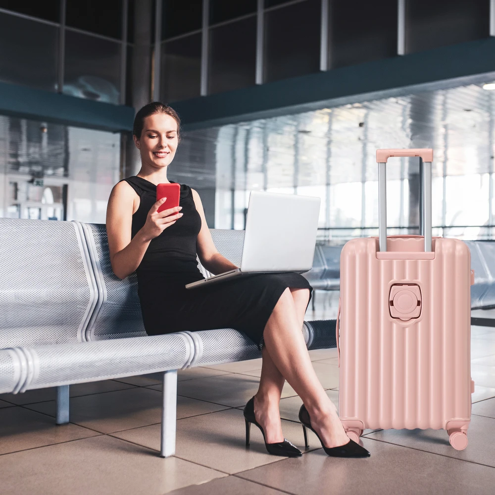 

Fashion Pink 3Pcs Luggage Set 20/24/28 Inch ABS Spinner Carry on Suitcase USB Cup Holder & Phone Holder
