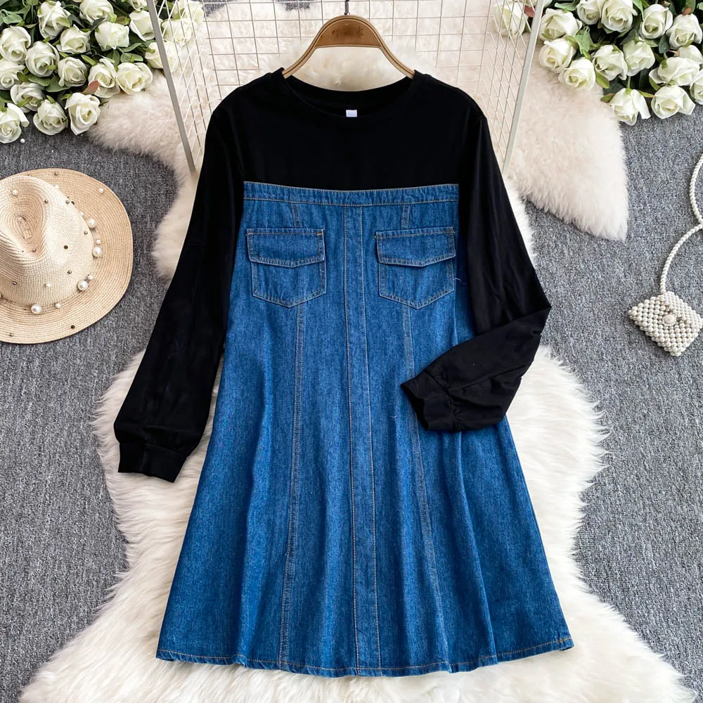 Women Color Matching Denim Dress Female Korean Version Long Sleeve T shirt Splicing Loose Medium Long A-line Dresses