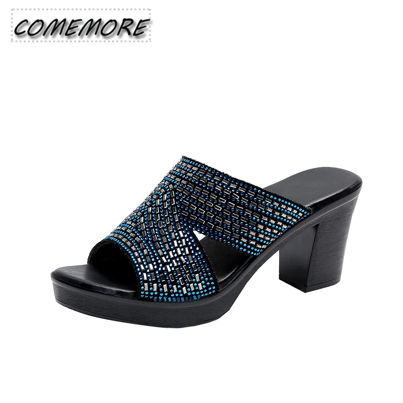 Women\'s Open Toe Slippers Sequins Platform Sweet Elegant Summer Fashion Popular Comfort High Thick Heel Casual Black Sandals PU