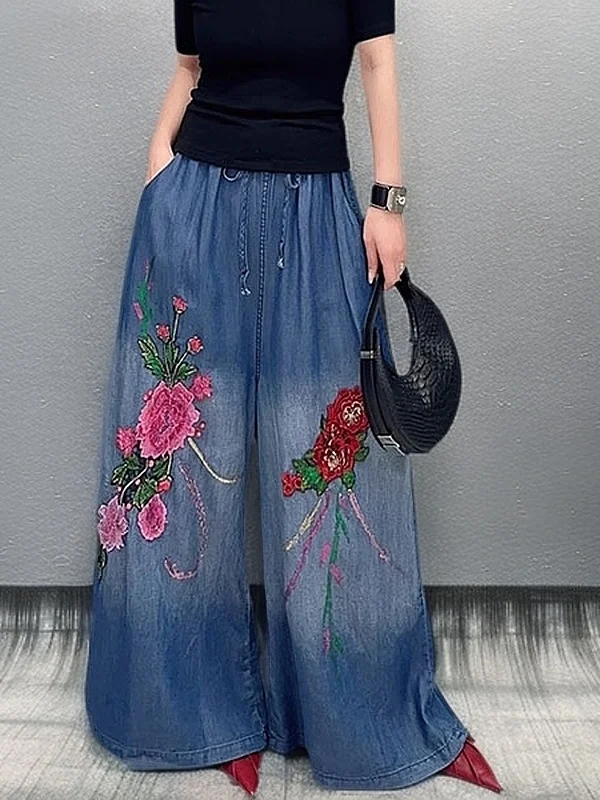 

Retro Casual Elastic Waist Wide Leg Jeans Women's Loose Fit Embroidered Floral Spring 2026 High Waist Casual Sle Blue