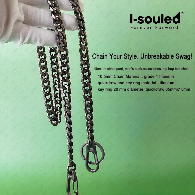 

10.5mm Pure Titanium Pants Chain - Heavy Duty Anti-Loss Clasp with Quick Release, Unisex Hip Hop Fashion Accessory for Jeans & S