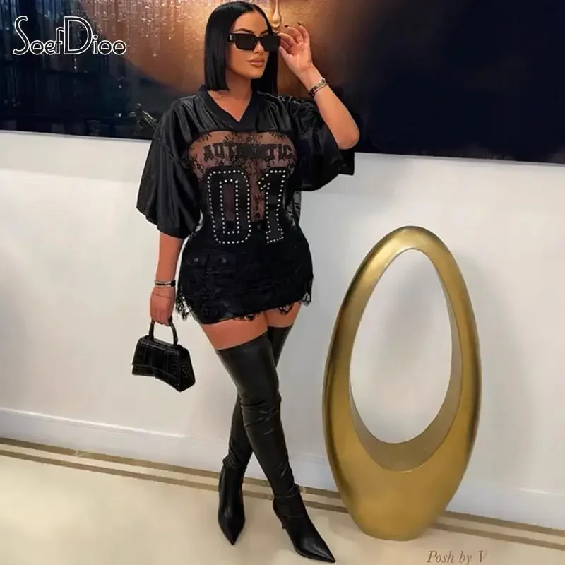 

Soefdioo Letter Print See Through Oversize T-Shirts Women Fashion V-Neck Short Sleeve Loose Tops Sexy Trend Street Y2K Tees 2024
