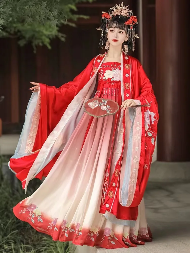 

Hanfu женская красная рубашка с большими рукавами в стиле Тан Qi Chest Hezi юбка в китайском стиле древний костюм свадебное платье с тяжелой вышивкой