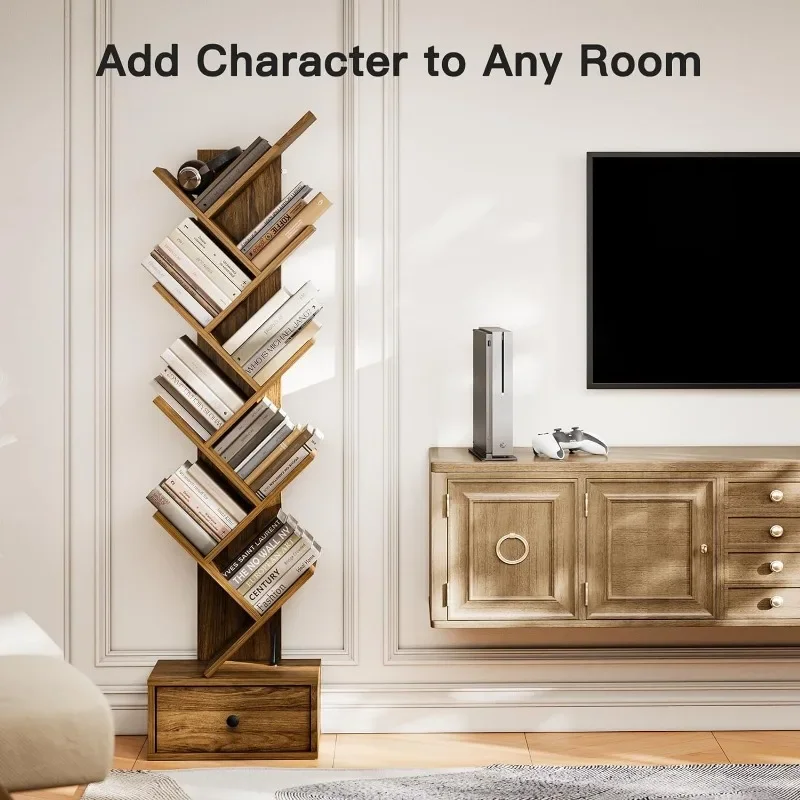 Tree Bookshelf with Drawer, 8-Tier Vertical Bookshelf, Modern Bookcase, Book Shelf Organizer for Living Room, Bedroom