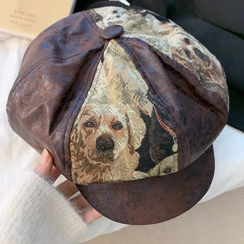 

Восьмиугольная кепка в американском стиле в стиле пэчворк, шляпа художника в стиле ретро, весна-лето, уличная повседневная кепка с козырьком, милые береты с принтом щенка