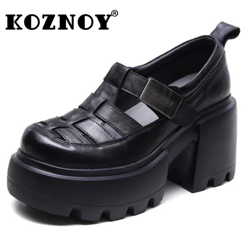 Koznoy 9cm New Weave Genuine Leather Hook Summer Ankle Booties Round Summer Sandals Fashion Mary Jane Platform Wedge Women Shoes