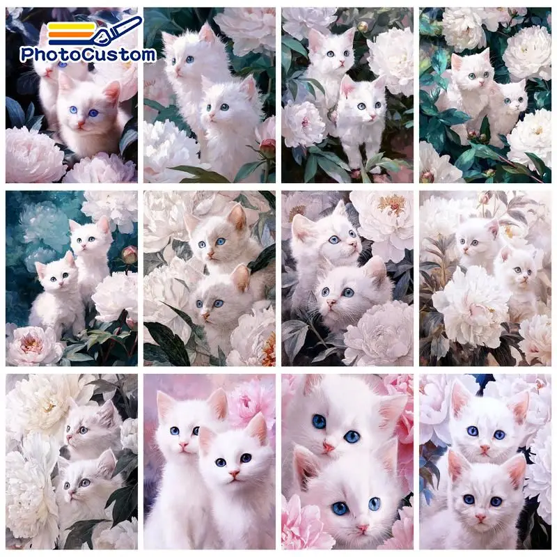 PhotoCustom White Cat Painting By Numbers Painting Decor Paint With Numbers Animal Classic Acrylic paints Acrylic Paints