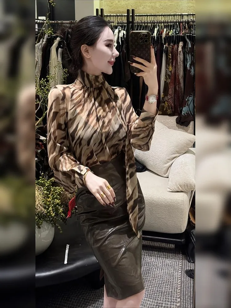 Elegant Brown Zebra Print Shirt Women's Fashionable Early Autumn High-End Feel Important Occasions Chic Top Ladylike Style