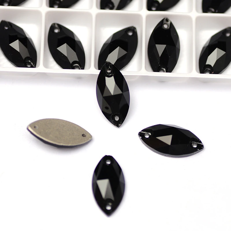 YANRUO 3223 All Sizes Jet Navette Sew On Rhinestone Crystal Flatback Strass Stones Black Base For Jewelry