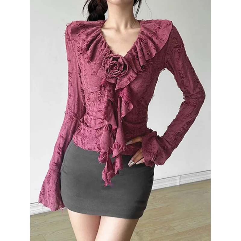 Camisetas Y2k con volantes florales en 3d para mujer, camisetas góticas ajustadas de manga larga con agujeros, ropa de calle Harajuku Vintage para mujer, camisetas con diseño de cuello en V