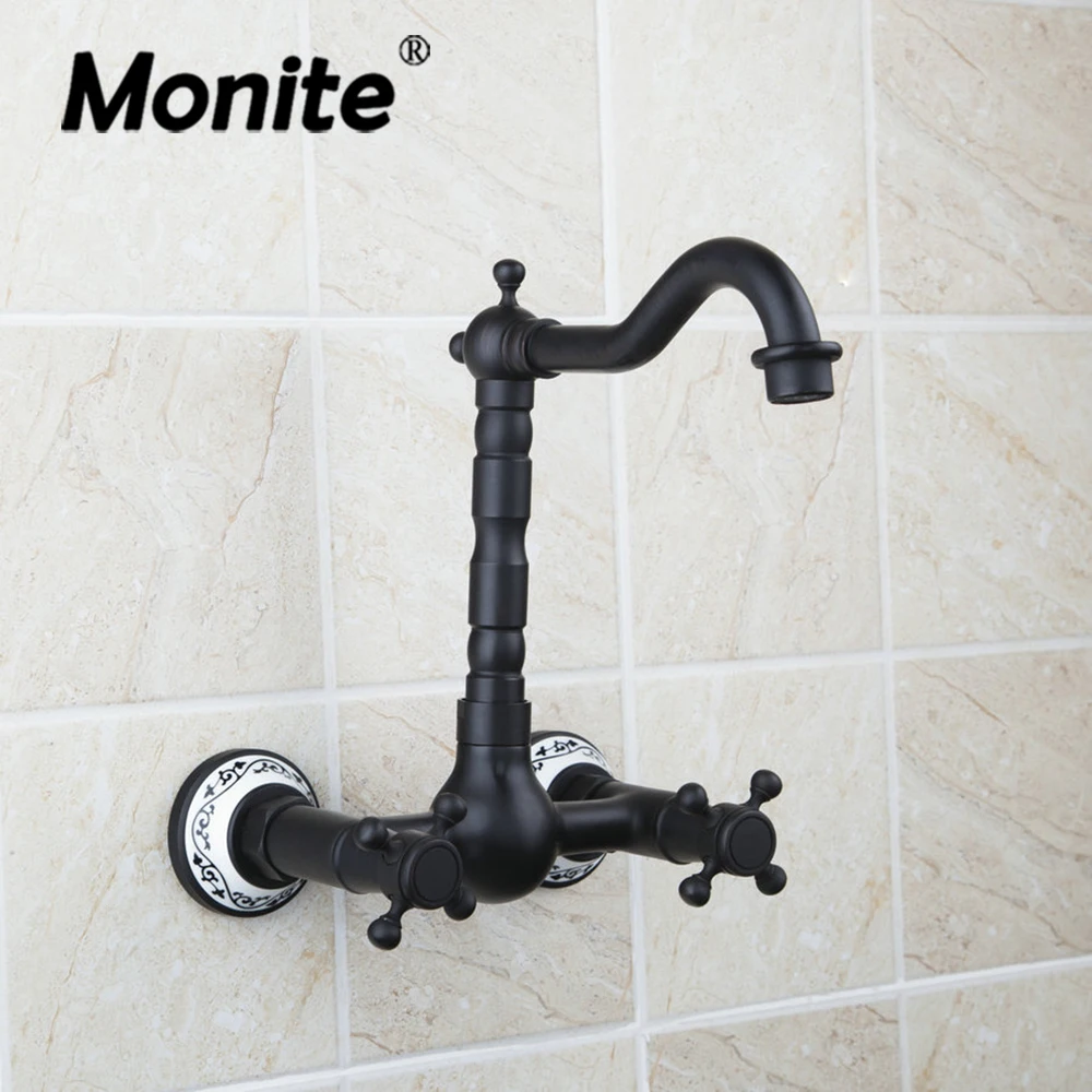 

Monite Oil Rubbed Black Bronze Bathroom Faucet 2Handles Wall Mounted Bathtub Torneira Basin Sink Faucets Hot and Cold Water Tap