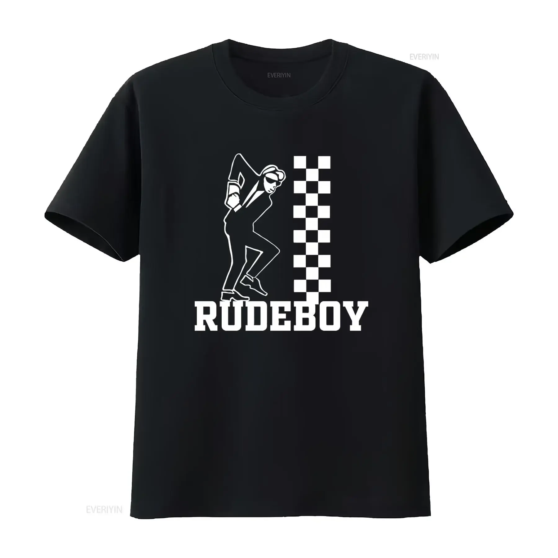 Rudeboy T Shirt Stylish Black and White Print with Skanking Figure Checkered Design vintage Washed Comfortable Breathable